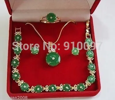 

LHX54016>>>>>Pretty real nature green emerald jade crystal necklace bracelet earring ring set