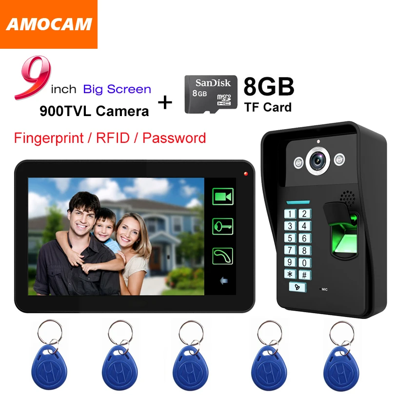 9 Touch Monitor Video Record door phone Intercom Doorbell Fingerprint Password Code ID Card 8GB Card