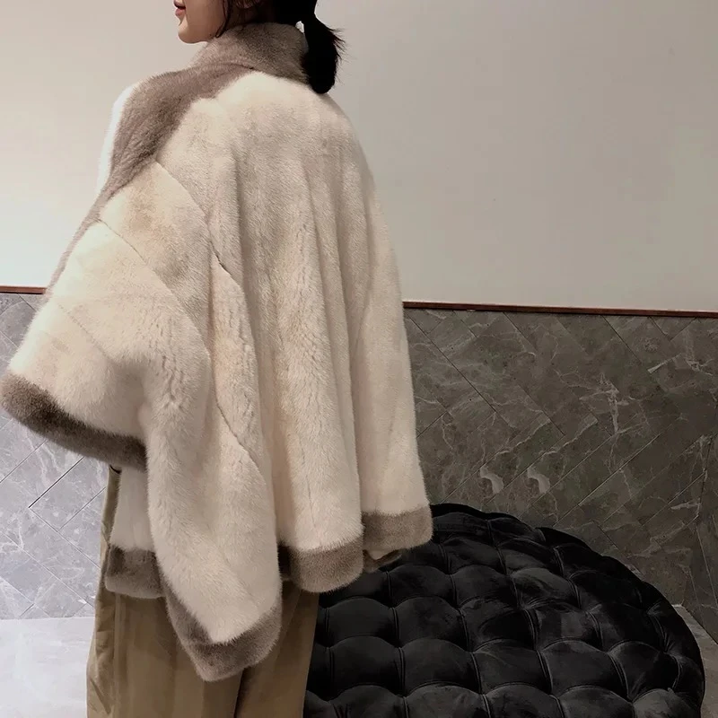 Luxury Women Real Mink Fur Coat White Genuine Poncho Winter Female Jacket Full Pelt Real Fur Shawl Natural Mink Fur Cape Coat