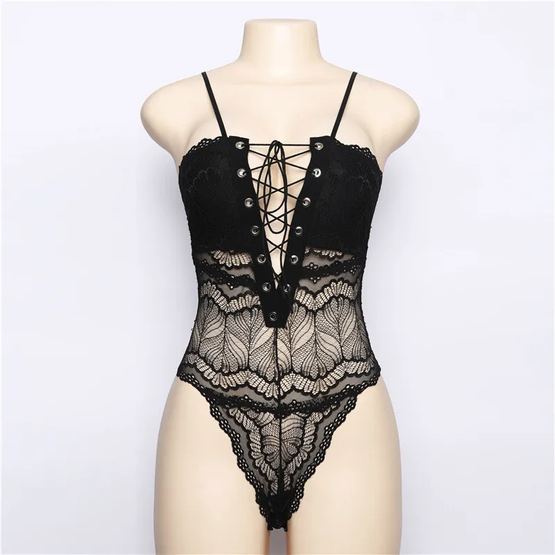 

Sexy Transparent Lace Up Bodysuits Women Deep V Neck Hollow Out Party Jumpsuit Rompers Summer Lace Patchwork Strap Bodysuits