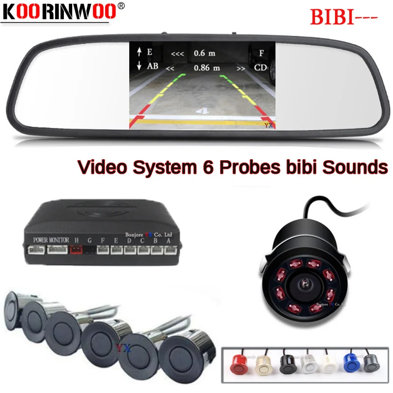 

Koorinwoo Parktonic Car Parking Sensor 6 HD Car Monitor Screen Car Rear view camra Alert Probes Reverse Radar System Black White