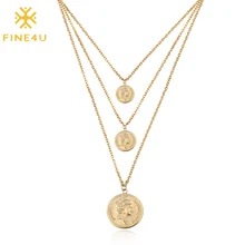 FINE4U N239 Gold Color Round Elizabeth Coins Pendants Necklace Multi-layer Stainless Steel Choker Necklaces