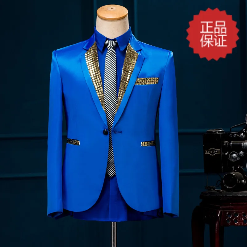 

Free ship mens stage performance sequined collar blue/red tuxedo jacket ,only jacket