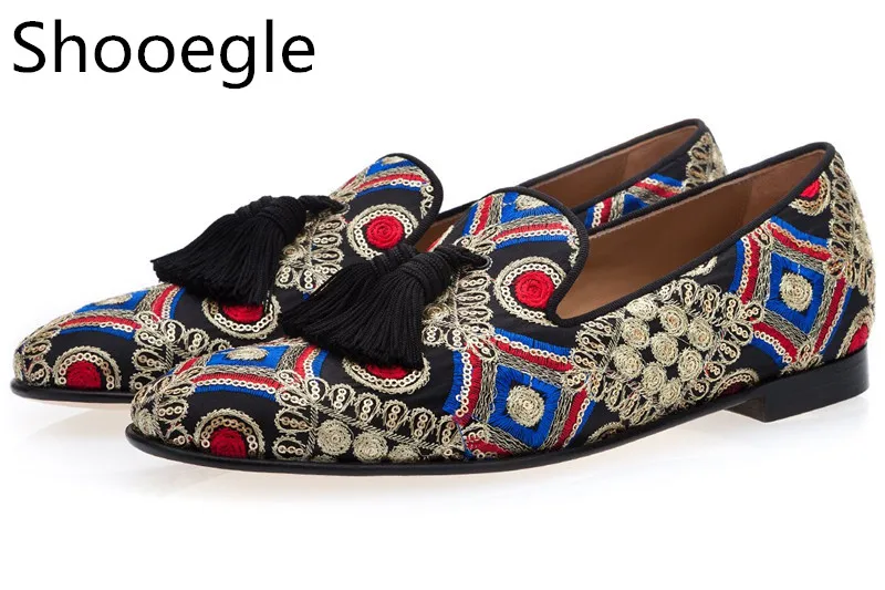 Лоферы мужские парусиновые с бахромой многоцветные ручная вышивка без застежки