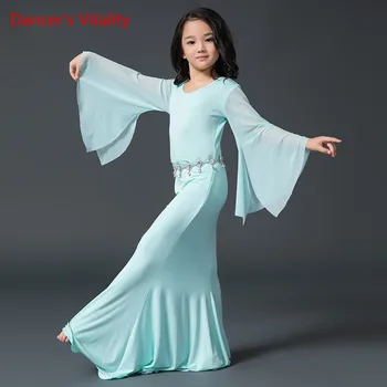 

Stage Girls Dress One Piece Belly Dance Costume Horn Sleeve Kids Practice Long Dress Red Pink Mint S L Free Shipping