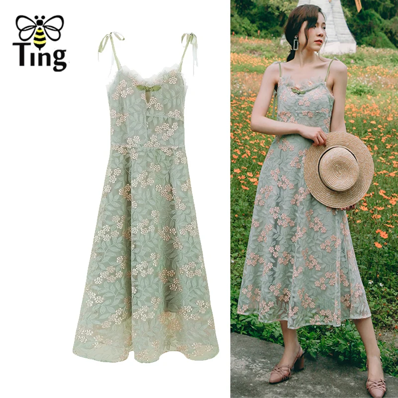 

Tingfly 2019 Summer Luxury Flower Leaf Embroidery Party Dresses Fresh Green Color Strap Tie up Ruffles Long Dress A Line Vestido