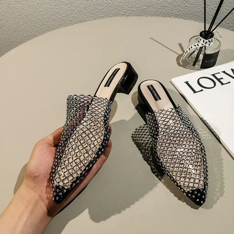 

Luxury Designer Shoes Woman Mesh Cut-outs Pointed Toe Slip On Womens Loafers Crystal Embellishments Slippers Chunky Heels Mules