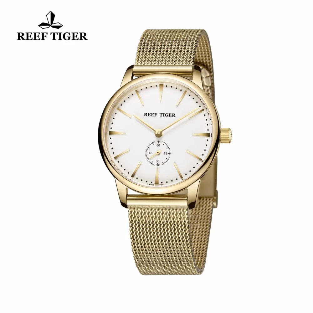 Риф Тигр/RT Роскошные винтажные часы для пары желтое золото ультра тонкие часы для мужчин и женщин кварцевые часы RGA820
