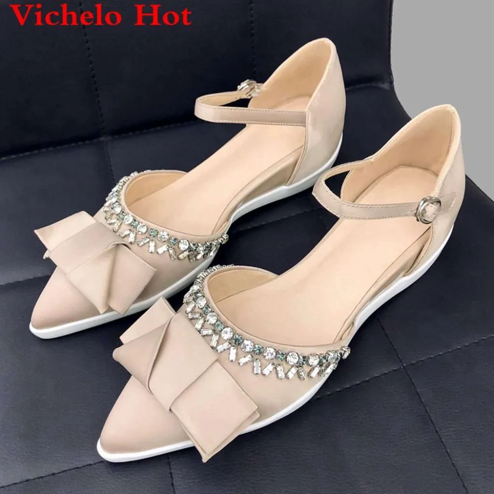 

Vichelo Hot butterfly-knot decoration buckle strap crystals decoration pointed toe sweety girl med heels concise dress shoes L86
