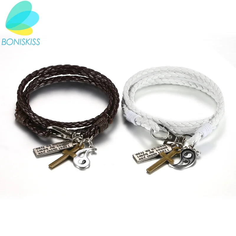 

Boniskiss High Quality Lovers Multilayer Ying Yang Leather Bracelet Bangle Brand Jewelry Alloy Cross Bracelets For Women / Men