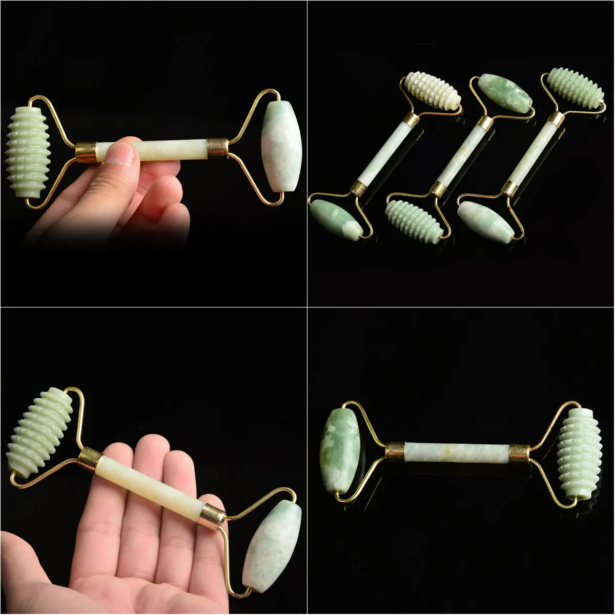 Natural Green Double Head Massage Roller Rose Crystal Quartz Jade Stone