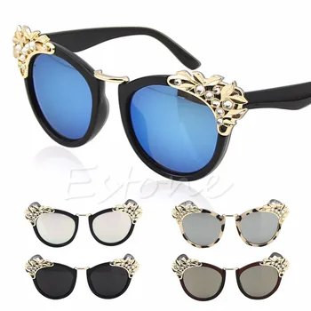 

Womens Cat Eye Fashion Sunglasses Rhinestone Leaves Eyewear Mirrored Lens 2017