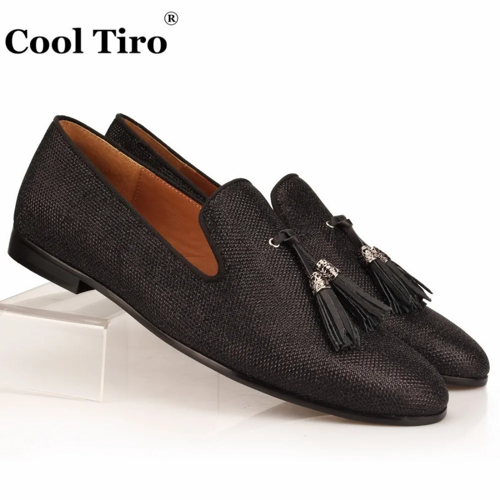 COOL TIRO Glistening Loafers Tassel Slippers Black Glitter Genuine ...