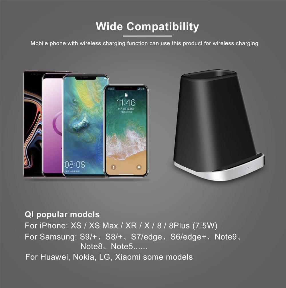 Ascromy Fast Wireless Charger Stand Pen Holder for iPhone XS Max X XR 8 Plus Samsung Note 9 8 S9 S8 S7 10W QI Induction Charging Accessories (3)