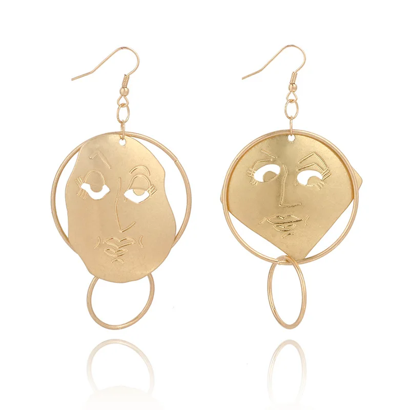 2018 Fashion Exaggerated Abstract Human Face Earrings Gold Color Alloy Figurine Earing Brincos Mujer Aretes Pendientes RF58 | Украшения и