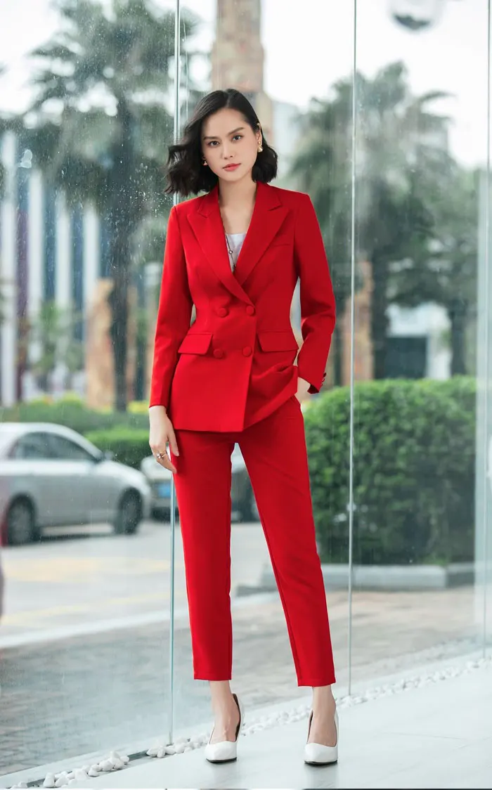 New Office Work Blazer Suits Of High Quality OL Women Pants Suit Blazers Jackets With Trouser Two Pieces Set Red Pink Blue