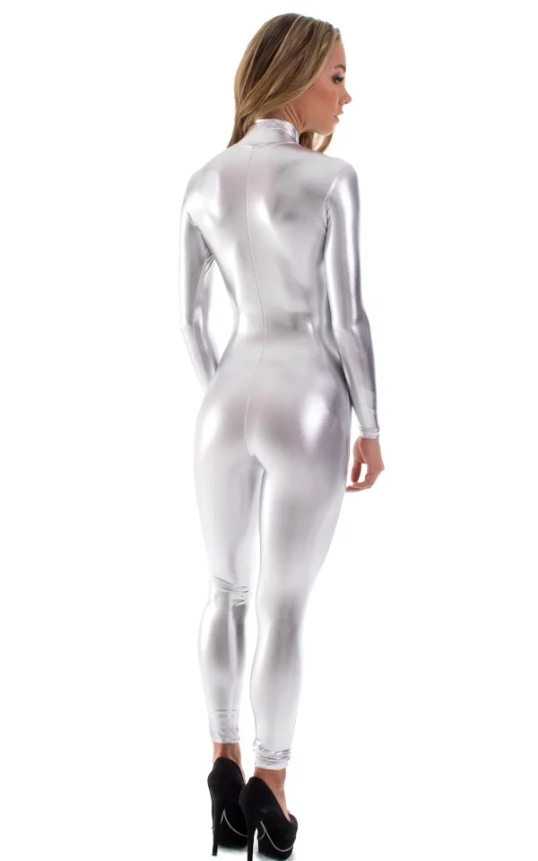 Womens Shiny Metallic Catsuit Bodysuit One Piece Jumpsuit Costume Wet Look Unitard Zip Cat Suits Glossy Cosplay Zentai Suits