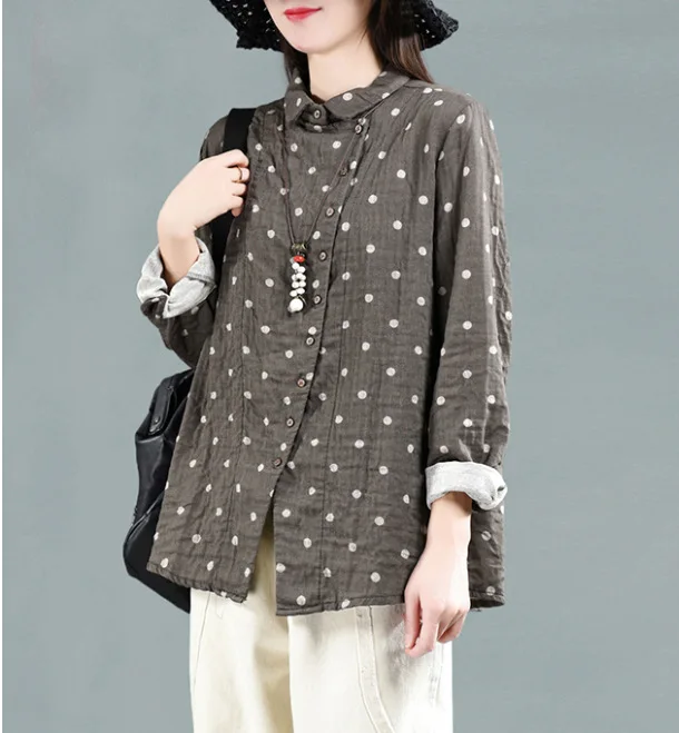 

2019 spring new cotton linen polka dot long sleeve vintage shirt top 1740 82150 lpp