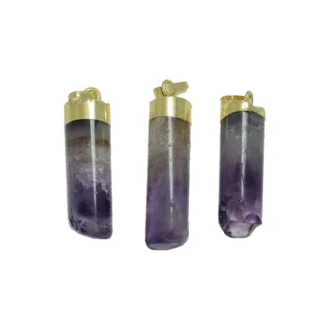 

Long Stone Coulomb pendant natural Purple quartz crystal reiki boho Indian jewelry pendulum craft column raw geode druzy charms