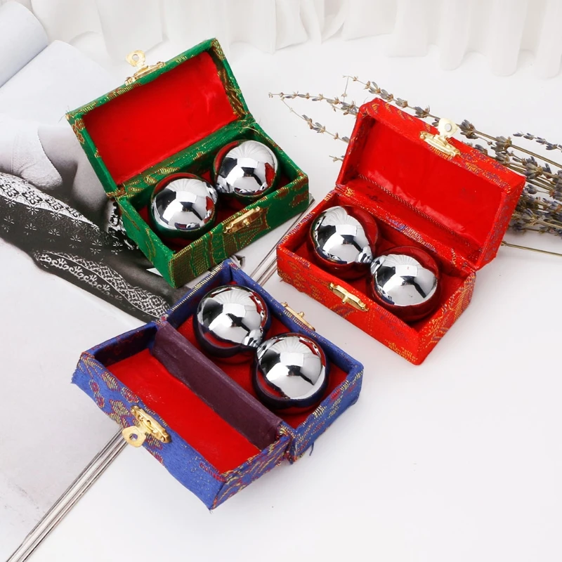 

OOTDTY 38mm Sliver Chinese Health Exercise Stress Relaxation Therapy Baoding Balls +Box Set