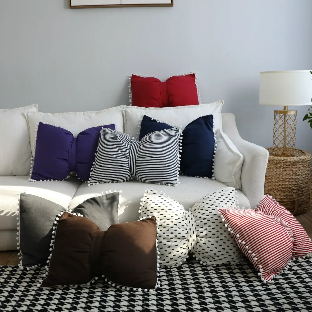 

Pure Color Stripe Is Lovely Ball Ball Bowknot Hold Pillow Head Of Head Of A Bed Sofa Cushion Can Be Unpicked Wash Adornment Hold