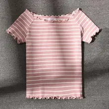 Трикотажная Женская Полосатая футболка с коротким рукавом, Женский Топ без бретелек на плечах