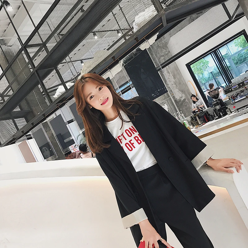 Spring autumn pant Suits Female 2 pieces set Casual Long blazer Jacket Loose Korean of office women clothes coat two pieces suit