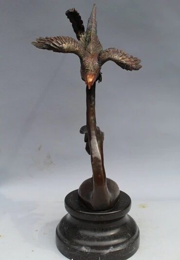 

free 14"Chinese Art sculpture Bronze Marble Lifelike Fly Phoenix Branch Statue fast