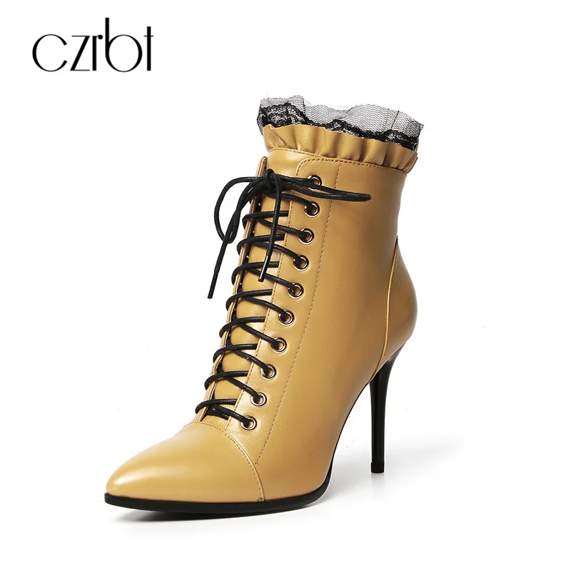 

CZRBT Elegant Ruffles Women Boots For Winter And Spring Mid-calf Lace-up Genuine Leather with Soft TPR Outsolo Shoes Women Party