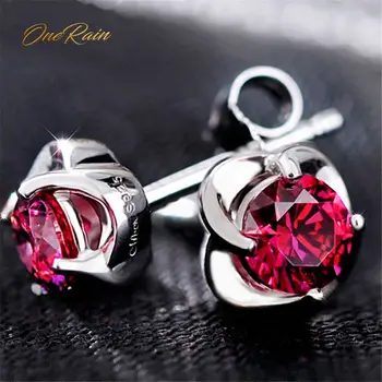 

OneRain Romantic 100% 925 Sterling Silver Ruby Gemstone Flower Plant Ear Studs White Gold Earrings Jewelry Wholesale Lots Bulk