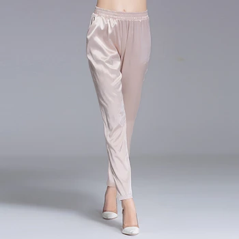 

92% Silk Pants Women Simple Design Solid Elastic Waist Pockets Harem Trousers New Fashion Europe and American Style 2018
