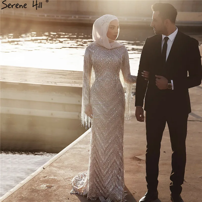Мусульманский с длинным рукавом со стразами элитное вечернее платье серебряное ожерелье с Бисероплетение вечерних платьев Serene Hill LA60855