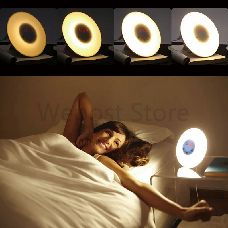 

New Digital Led Alarm Clock FM Radio Wake Up Alarm Display clock Dimmable Color Changing Circular Modern Table Lamp