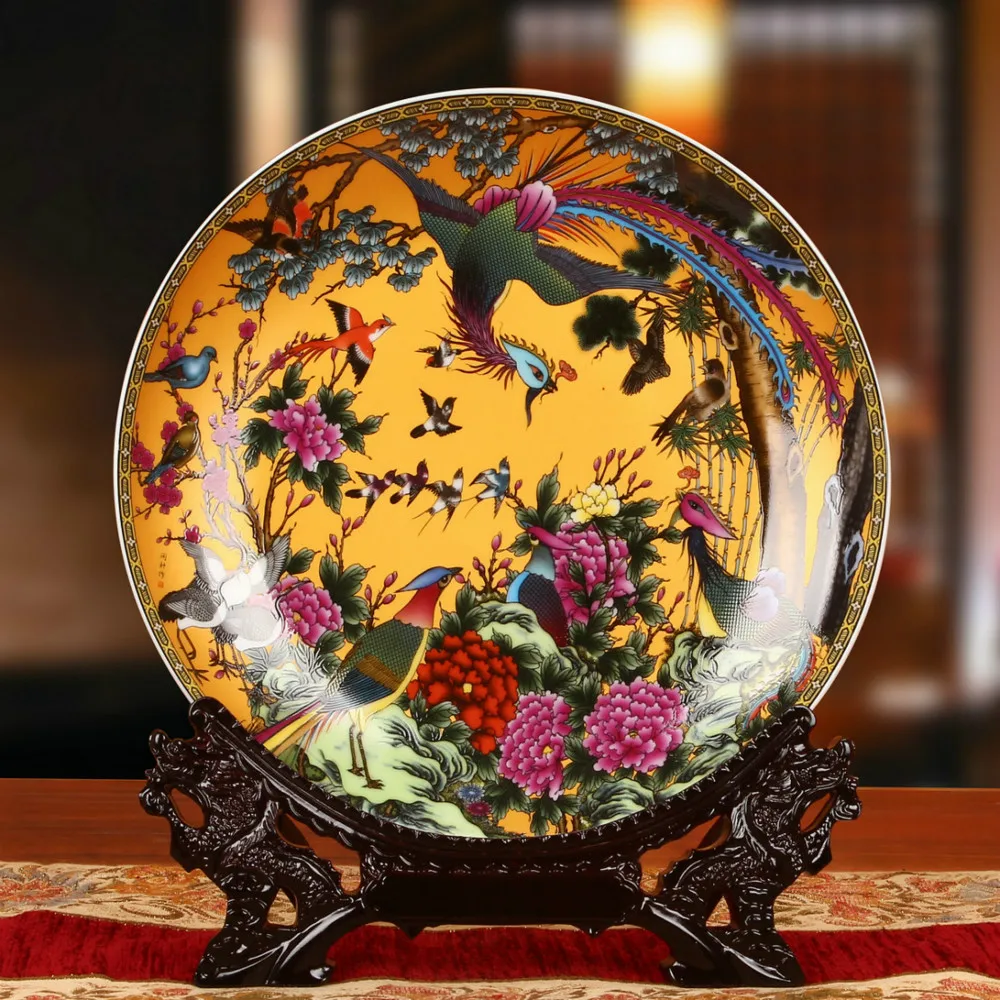 

Chinese Style 10 inches Birds paying homage to the Phoenix Ceramic Decorative Round Plate For Family Gifts