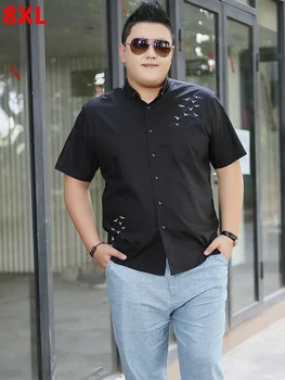

Men's plus size clothing black short-sleeve shirt male plus size casual summer shirt fat Big black short sleeved shirt