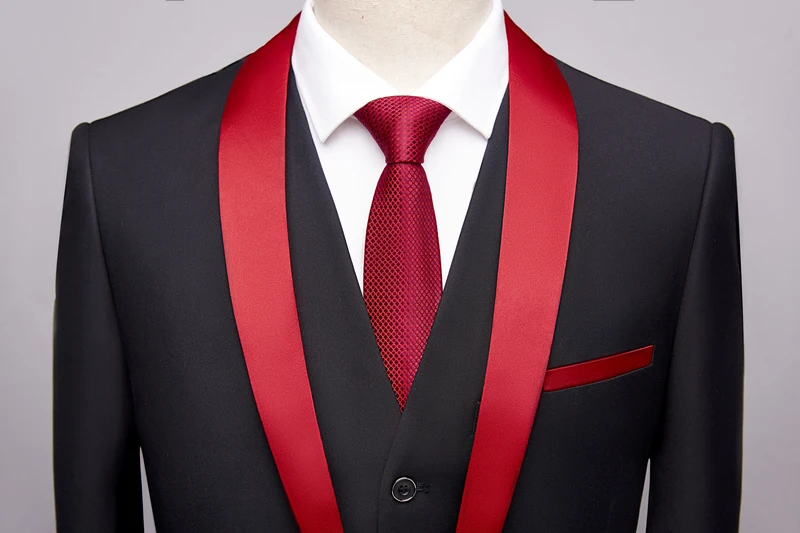 3 предмета костюмы Для мужчин 2019 Демисезонный красный воротником Свадебный костюм для жениха костюм Homme Mariage костюм с рождественским