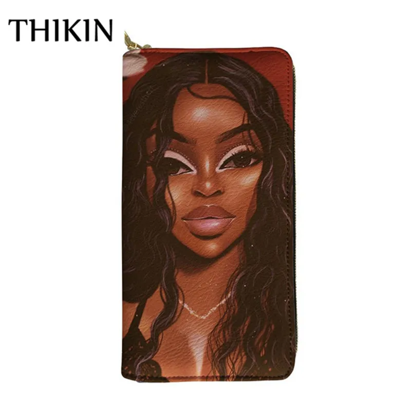 Thikin Women Wallets Afro Printing African Girls PU Leather Long Purse Lady Kawaii Pattern Card Holders Coin Pocket Zipper