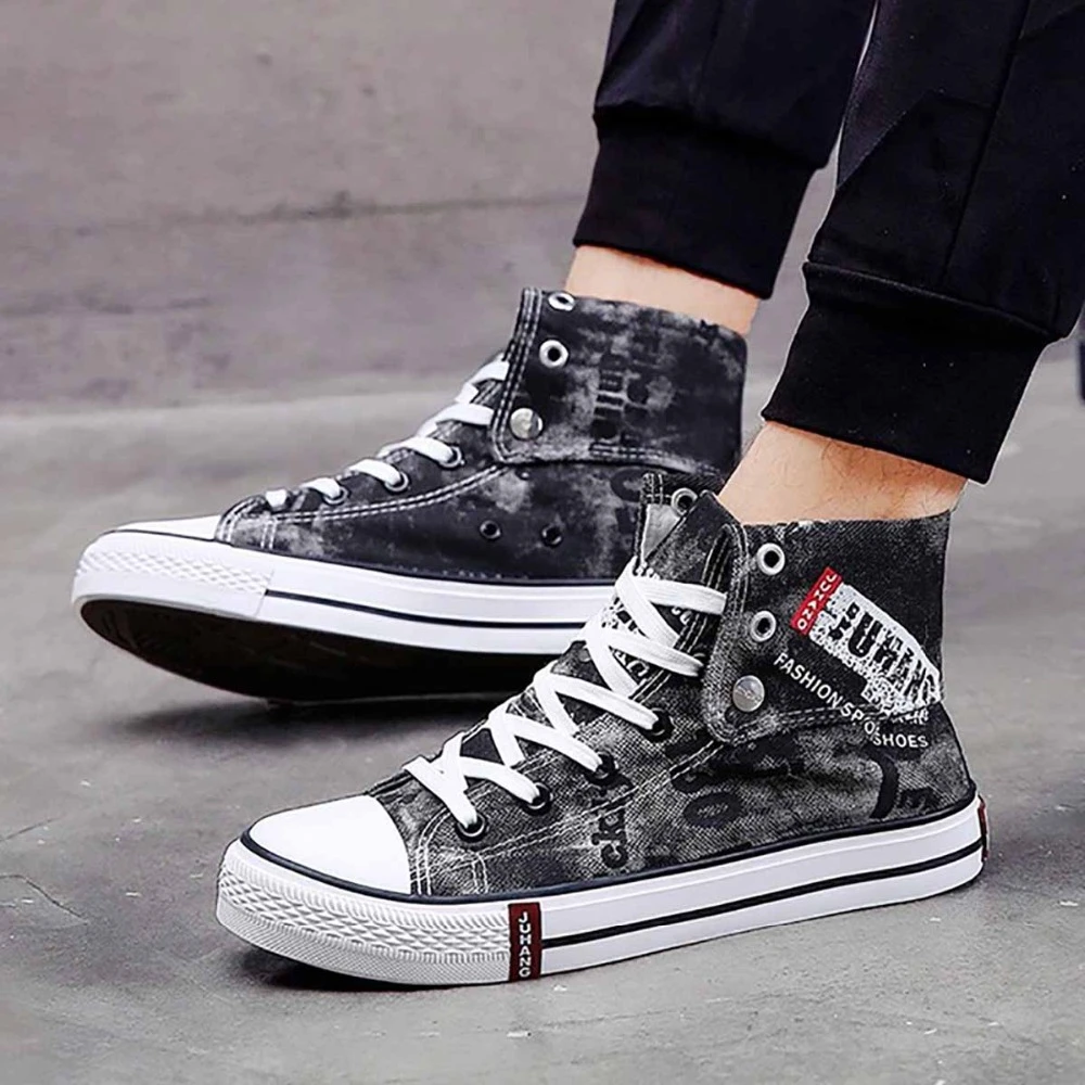 メンズ高トップパターンfineキャンバスシューズ折りたたみ新韓国ハイトップのキャンバスシューズメンズカジュアルデニム学生靴男性 メンズカジュアルシューズ Aliexpress