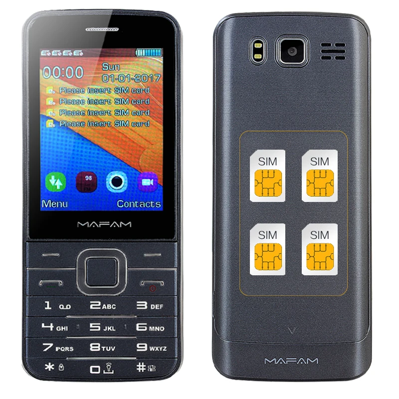 

MAFAM Quad 4 SIM Four Standby Plastic Slim Mobile Phone Flashlight Magic Voice Changer SOS Speed Dial Phonebook 1000 M11 V9500