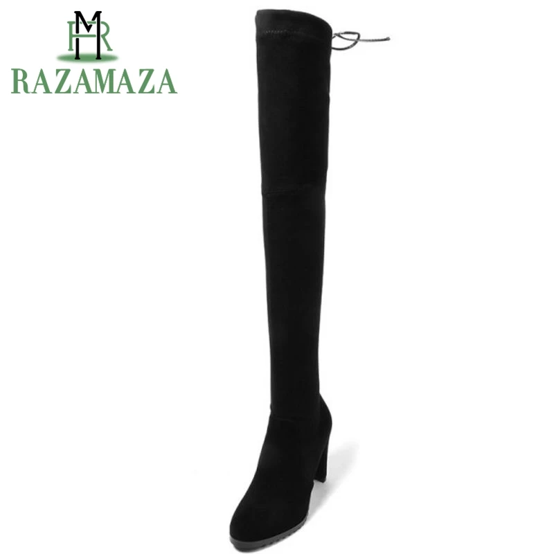 

RAZAMAZA Women Real Leather Over Knee Boots Cross Strap Winter Shoes Warm High Heel Boots Long Botas Women Footwears Size 34-40