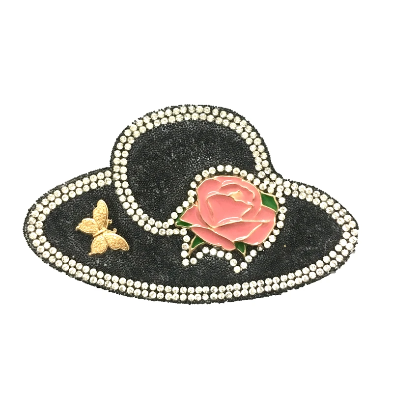 

3D Rhinestones Beaded Beach Hat Iron on Patches for Clothes Hot Melt Crystal Butterfly Rose Headgear Applique Patch DIY Stickers