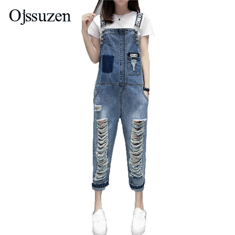 

Fashion Female Destroyed Jeans Overalls Letter Ladies Sexy Jeans pants Casual Romper Women Ripped Hole Denim Jumpsuits Regular