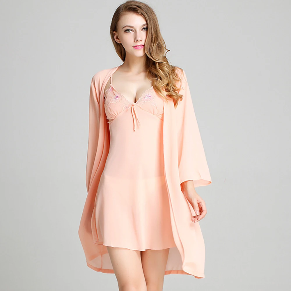 Sale Real Solid Polyester V neck Kimono Summer Women Chiffon Nightgown