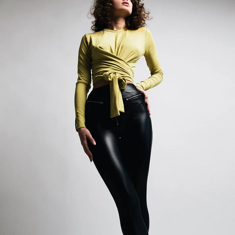 

2018 Autumn elegant Women PU Leather Pants Zipper Pants Trousers Women High Waist Black Stretch Pencil Pants Pantalon Femme