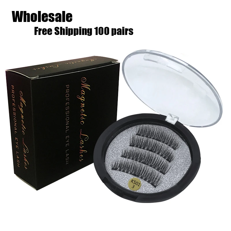 Free Shipping 100 pairs Magnetic eyelashes with 3 magnets handmade 3D magnet lashes natural false gift box | Красота и здоровье