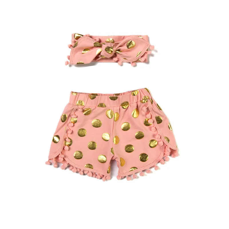 Peach Gold Pom Girls Short set ,Metallic Baby Short Headband 2pcs