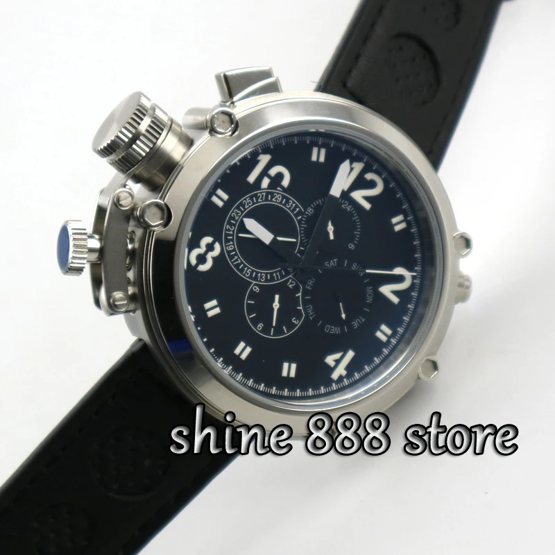 

47mm parnis black dial multifunction automatic mens wristwatch