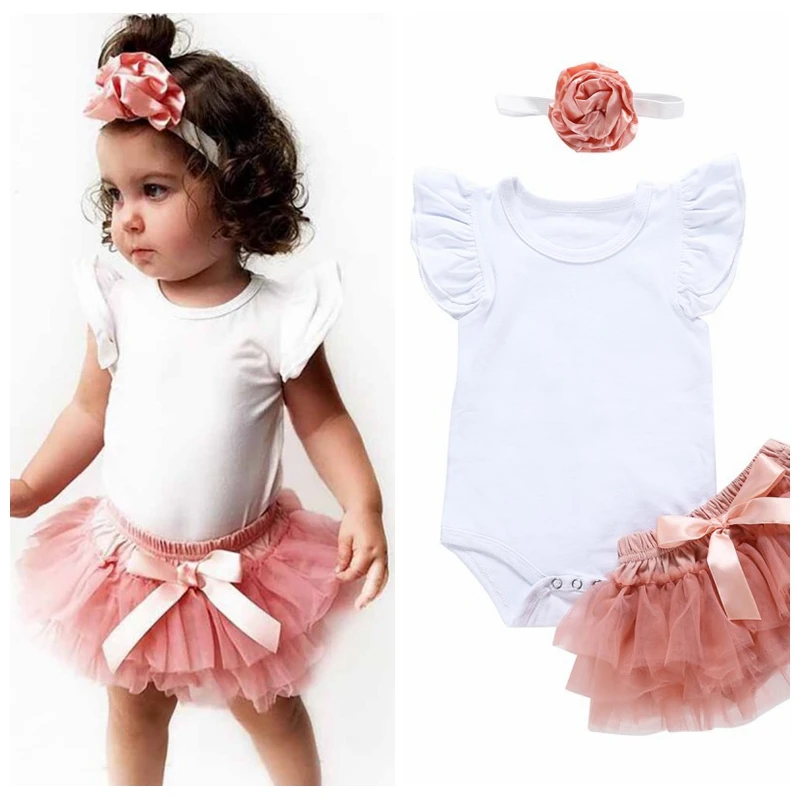 

2pcs Casual Outfits Infant Clothes Set Summer Baby Clothes Set Girl Fly Sleeve Romper Top Shorts Mesh Skirt Shorts Headband