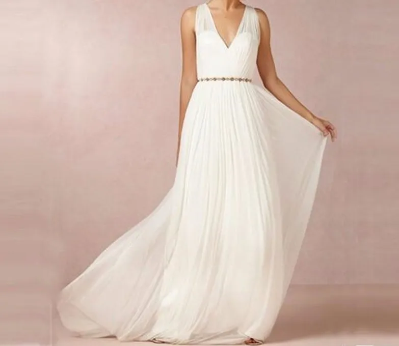 2019 New Backless V Neck Chiffon Long Wedding Dresses Boho Beach