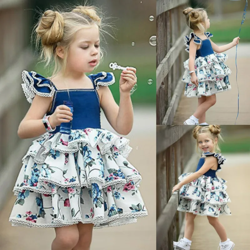 

Baby Girl 2019 New Flying Sleeves 1021-H915 Female Also Printed Dress Baby Vest Small Flying Sleeves Lace Cake Dress